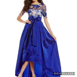 Adrianna Papell Hi-Lo Blue Taffeta with Lace Top Gown